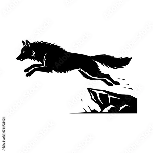 Fototapeta Vector art of silhouette of a wolf jumping off a cliff