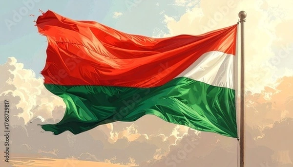 Obraz National Flag of Madagascar Waving Against a Cloudy Sky