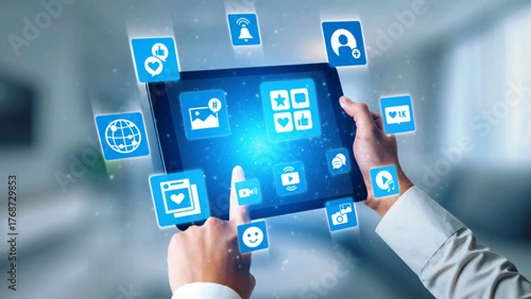 Fototapeta Concept of social media revolutionizes digital communication. This platform enables global connectivity, enhancing social media strategies for effective marketing and engagement. Gist