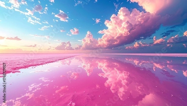 Fototapeta Vibrant Pink Salt Lake at Sunset with Reflective Sky and Mountain Silhouettes