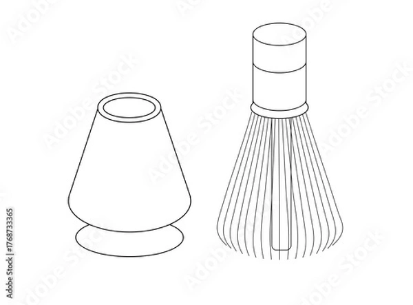 Fototapeta Matcha whisk and holder, traditional Japanese chasen tool, black and white line art vector illustration