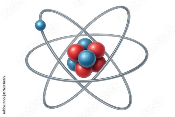 Obraz Atom model displaying red and blue spheres forming a nucleus with electrons orbiting on a transparent background