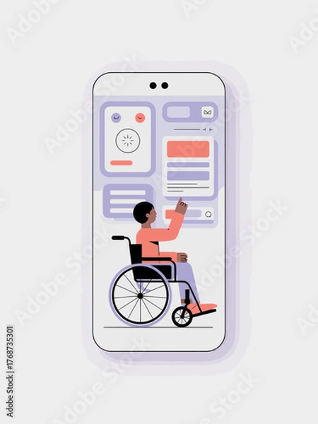 Fototapeta Person in a wheelchair interacting with a modern mobile app interface on a smartphone screen representing digital accessibility and inclusion