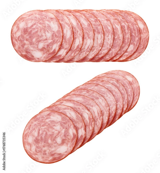 Fototapeta Salami slices, smoked Sausage, isolated on white background, full depth of field
