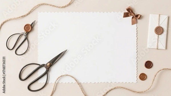 Fototapeta Two pairs of scissors, twine, and seal stamps are arranged around a blank piece of paper, creating a decorative scene for crafting invitations or letters