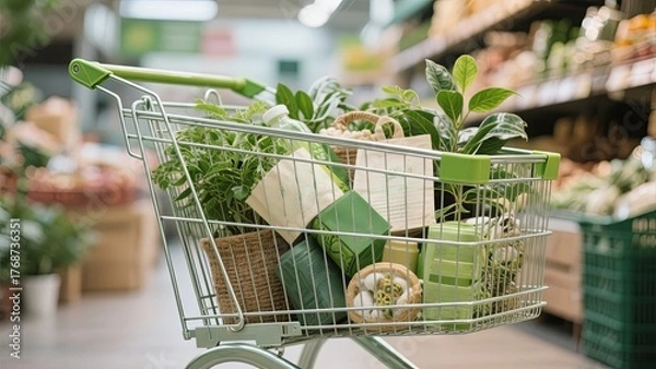 Fototapeta A shopping cart is filled with various plants and sustainable items in a grocery store aisle. The bright greenery adds a fresh touch to the shopping experience