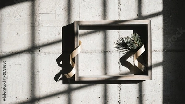 Fototapeta A decorative wooden frame sits on a light concrete surface, featuring a pine branch and ribbon. The sunlight casts shadows, enhancing the serene atmosphere of the setting