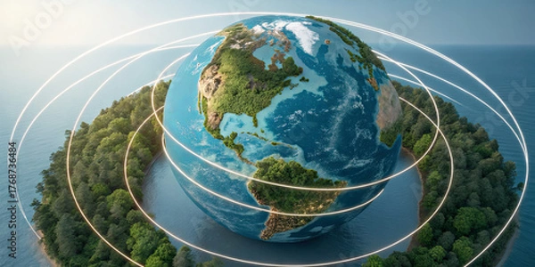 Fototapeta A detailed representation of the Earth set against a backdrop of lush green islands and clear water