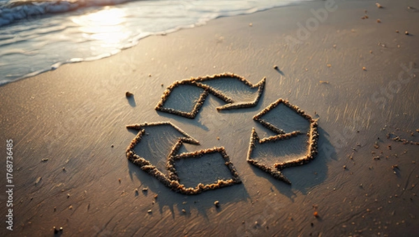 Fototapeta A sand design shaped like a recycle symbol is created on the beach. Gentle waves kiss the shore as the sun sets, casting warm colors across the scene