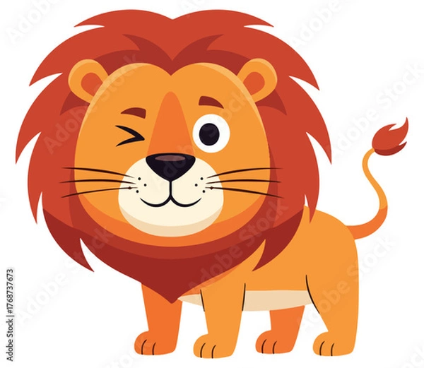 Fototapeta Friendly cartoon lion winks playfully with a happy expression, perfect for children's themes.