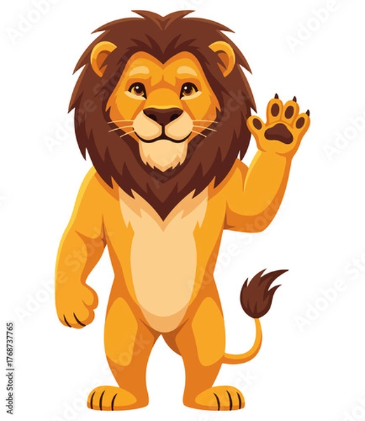 Fototapeta Friendly cartoon lion waving hello with a cheerful expression
