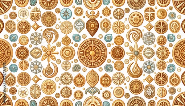 Fototapeta Seamless pattern of ancient coins and symbols