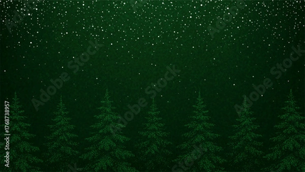 Obraz Christmas vector background with snow falling over green pine trees in a winter forest night for a holiday greeting card design.