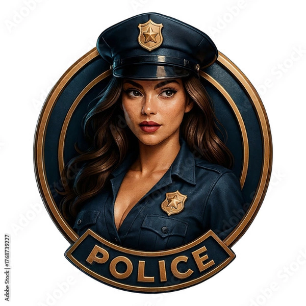 Fototapeta Stylized portrait of a woman in a dark blue police uniform within a circular gold trimmed badge, with POLICE text, two gold stars, glossy textures, and a black background.
