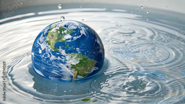 Fototapeta A globe depicting Earth floats in water as droplets fall, creating ripples across the surface. This calm scene highlights the beauty of our planet and its interactions with water