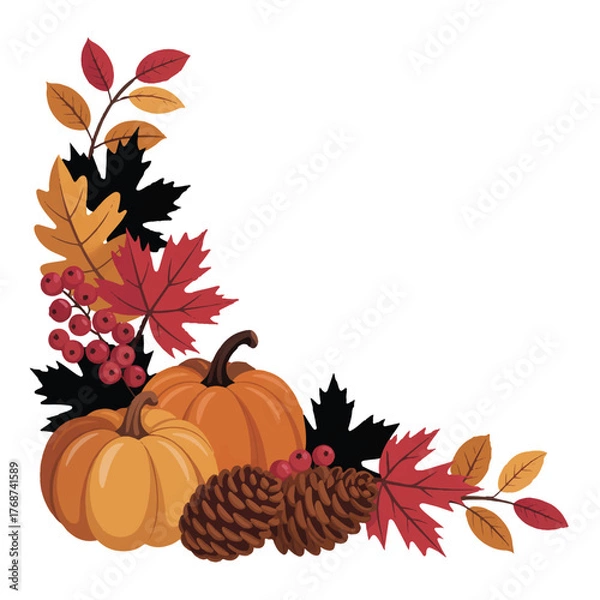 Fototapeta A festive autumn corner arrangement featuring pumpkins, pine cones, and colorful leaves in shades of orange, red, and brown, creating a warm and inviting seasonal display, isolated on white background