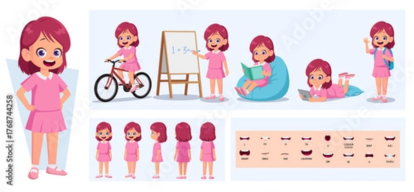 Fototapeta Cartoon Little Girl Character Constructor with Gestures, Emotions and Actions. Child Front, side, Back View. Movable Body Parts for Animation and Lip-Sync Vector Illustration.
