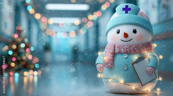 Obraz A cheerful snowman dressed as a nurse stands in a brightly lit hospital corridor. The snowman wears a blue outfit and holds a clipboard, surrounded by festive decorations.