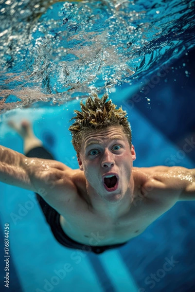 Fototapeta Young male swimmer performing underwater move in competitive swimming pool