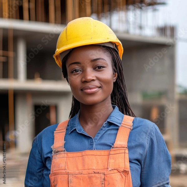 Fototapeta Female construction worker wearing hard hat at building site during daylight