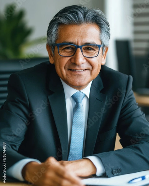 Fototapeta Professional middle-aged businessman smiling confidently at office desk