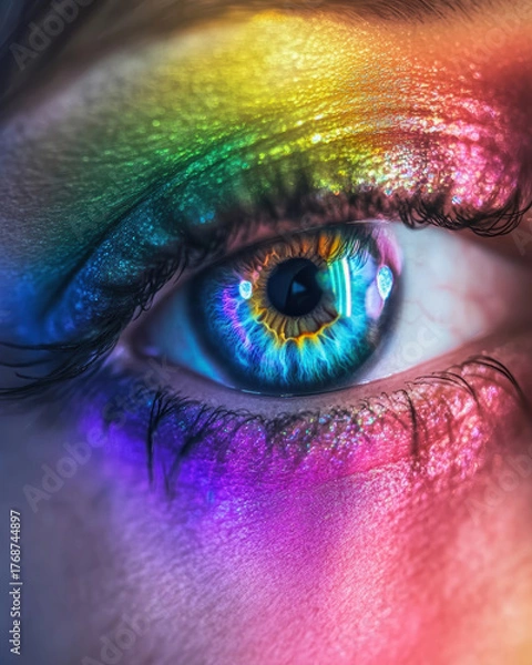 Fototapeta Vibrant close-up of an eye with rainbow makeup and vivid colors