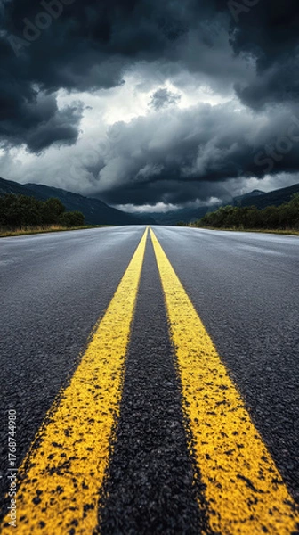 Fototapeta Dynamic road stretching into stormy landscape with dark clouds overhead
