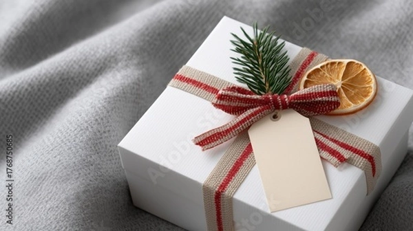 Fototapeta Elegant white gift box wrapped with rustic fabric ribbon and natural, festive holiday decor. Simple, stylish packaging with a blank tag for personal message, rustic Christmas aesthetic.