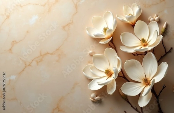 Fototapeta Creamy white magnolia flowers on a light beige marble surface. Delicate petals and natural branches create a luxurious floral arrangement perfect for sophisticated design projects.