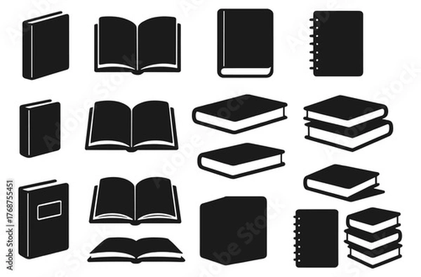 Fototapeta Set of black silhouette book icons including open, closed, stack, spiral notebook