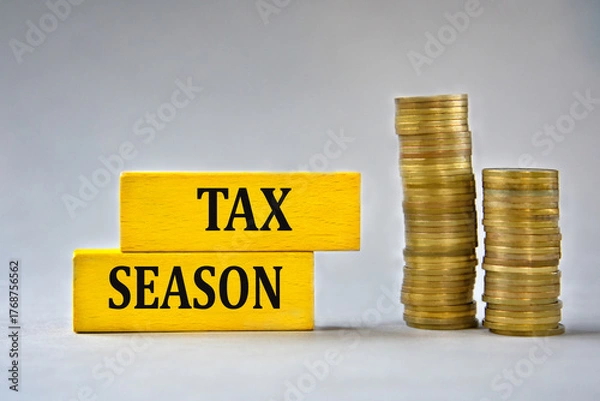Fototapeta TAX SEASON - words on yellow wooden blocks on the background of stacks of coins
