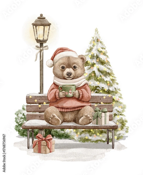 Fototapeta Vintage cute little bear boy in clothes sitting on bench surrounded by gift boxes, Christmas tree and street lamp drinking hot drink on white background. Watercolor hand drawn illustration sketch