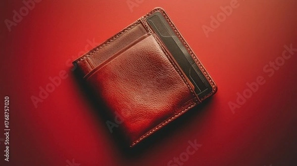 Fototapeta Sleek leather wallet on vibrant red background showcasing modern design and craftsmanship details