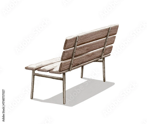 Fototapeta Watercolor vintage wooden bench located back with backrest, shade and snow isolated on white background. Hand drawn illustration sketch