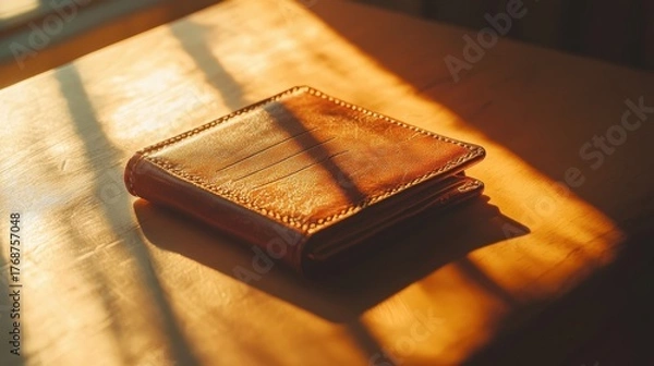Fototapeta Brown leather wallet rests on a wooden table with sunlight casting shadows in a cozy room