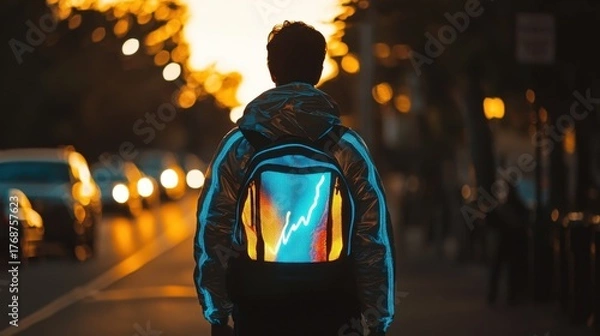 Fototapeta Person walks on street at sunset wearing reflective jacket and backpack with glowing design, surrounded by cars and vibrant city lights