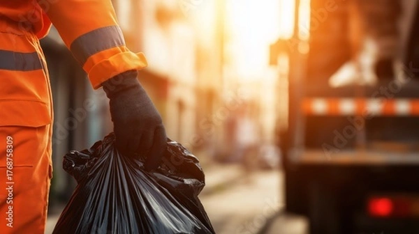 Fototapeta Sanitation worker in an orange uniform collecting a garbage bag. Close-up of a public service employee on a city street with a truck in the background. Waste management concept