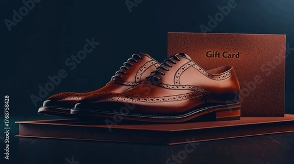 Fototapeta Stylish brown leather dress shoes displayed on a gift box with a gift card in a dimly lit setting