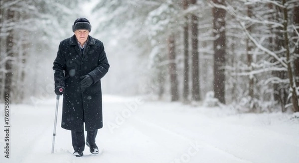 Fototapeta An elderly man with a walking cane walks on a snowy road through a winter forest. Senior person braving the cold weather during a snowfall. Copy space for text