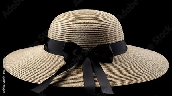 Fototapeta Elegant wide-brimmed straw hat with black ribbon, perfect for sunny days and outdoor events