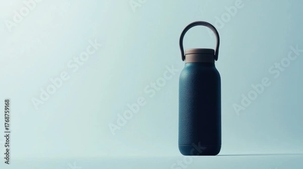 Fototapeta Stylish reusable water bottle standing against a soft blue backdrop on a clean surface