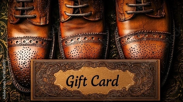 Fototapeta Elegant brown leather shoes paired with a sophisticated gift card on a textured background