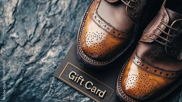 Fototapeta Stylish brown leather shoes paired with a gift card on textured stone surface