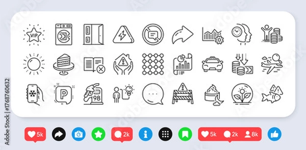 Obraz Report document, Air conditioning and Incubator line icons pack. Social media: share, comment, like icons. Vip star, Launder money, Sun energy web icon. Deflation, Density, Cake pictogram. Vector