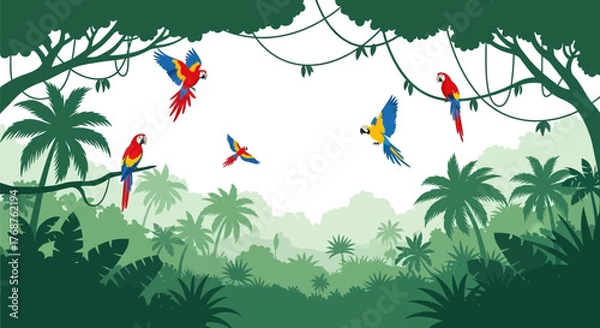 Obraz Lush tropical landscape adorned with vibrant macaws in flight and perched on branches in a verdant
