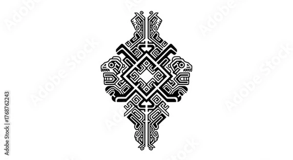 Fototapeta Ancient tribal symmetrical pattern with stylized animal figures intricate tribal artwork black and