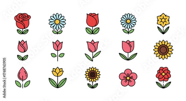 Fototapeta A vibrant collection of stylized, flat design floral icons, featuring a variety of colorful flowers like roses, tulips, daisies, sunflowers, and daffodils, set against a stark black background