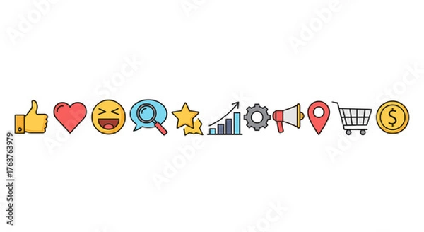 Obraz A vibrant collection of flat design icons representing key business and marketing concepts, including a thumbs-up, heart, laughing emoji, magnifying glass, star, growth chart, gears, megaphone