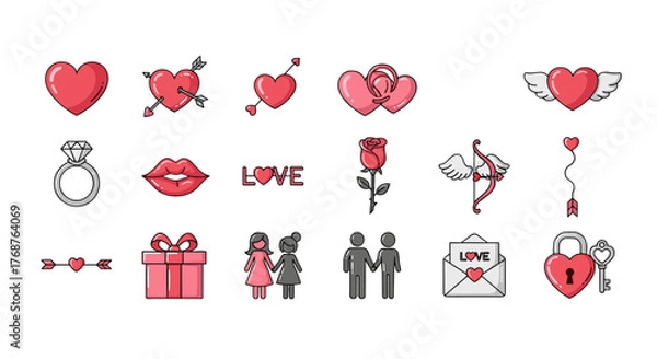 Fototapeta Collection of Valentine's Day icons and symbols, including hearts, rings, lips, roses, Cupid's bow, gifts, couples, love letters, and heart-shaped locks and keys, rendered in a flat, modern style