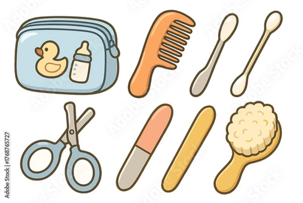 Fototapeta Baby grooming kit with comb, scissors, brush, cotton swabs, and nail file